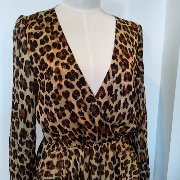 CAROLINE COSTAS Olena Silk Leopard Print Balloon Sleeve Mini Dress Large - Picture 3 of 8